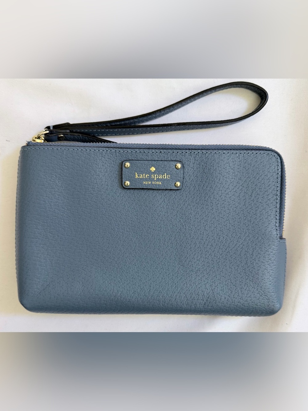 kate spade Slate Blue Pebbled Leather Wristlet with Gold Logo Clutch Wallet 8x5
